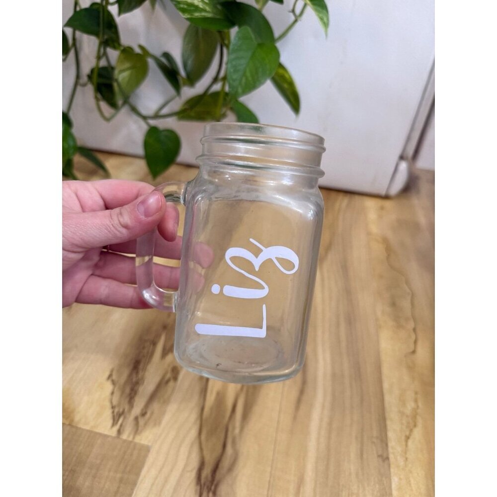 Personalized Glass Mason Jar Mug – “Liz”